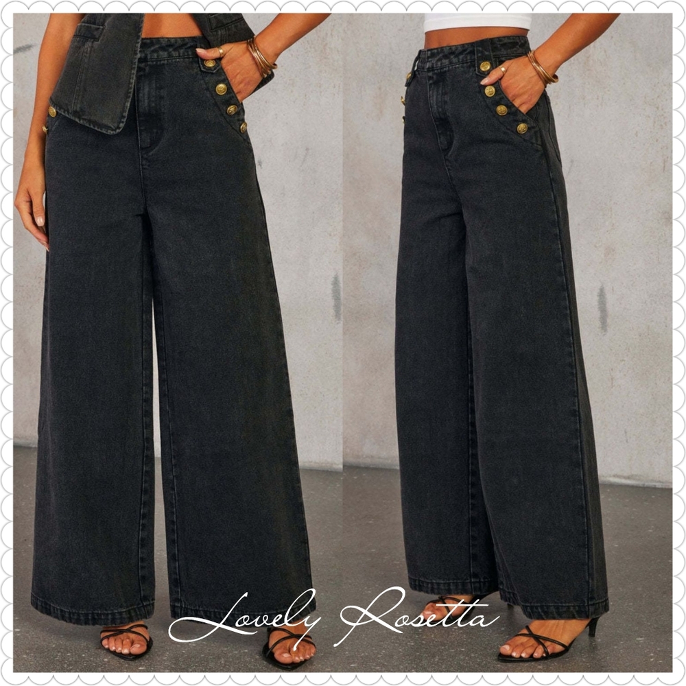 Classic Button Accent High Waist Wide Leg Jeans - Picture 6 of 13